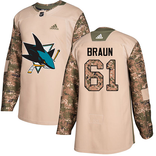 Adidas Sharks #61 Justin Braun Camo Authentic Veterans Day Stitched NHL Jersey